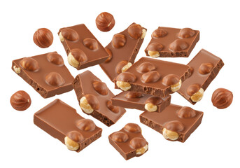 Isolated chunks of hazelnut chocolate bar, delicious confection, gourmet dessert food