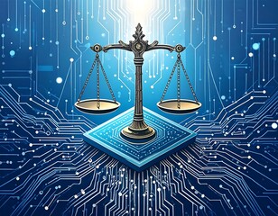 Justice and technology, scales of balance on circuit board