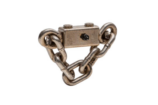 Metal security chain with a locking mechanism.  A heavy duty chain forms a triangle, secured to a central metal block with two small rivets.  Visible locking parts, showing robust design