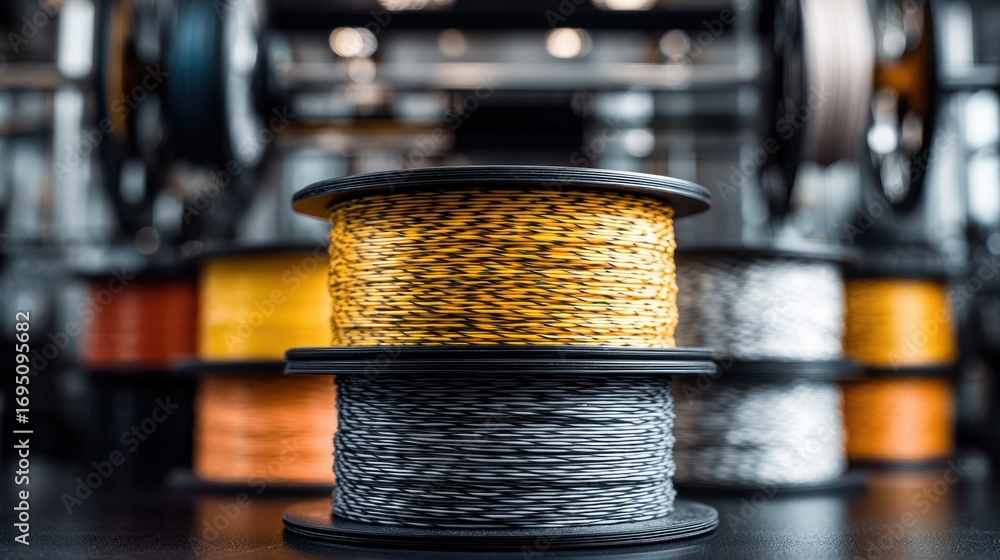 Poster detailed view of composite 3d printing filament strands on a spool emphasizing layered materials wit