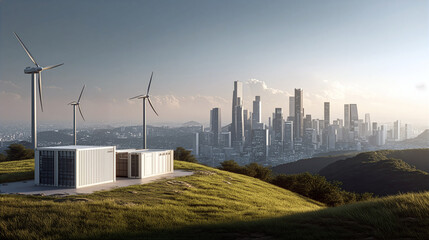 Modern battery energy storage system with wind turbines and solar in grass fields on a hill above a modern, crisp, clear, colorful city downtown with tall buildings in the valley
