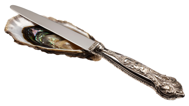 Oyster knife inserted in a half-opened oyster shell - Powered by Adobe