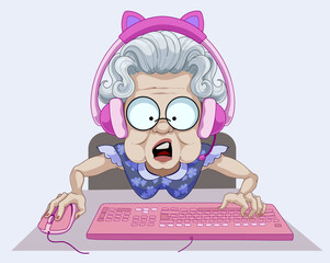 Funny granny. Funny granny sits at the computer. Granny-gamer. Granny is a user. Vector illustration. Cartoon.