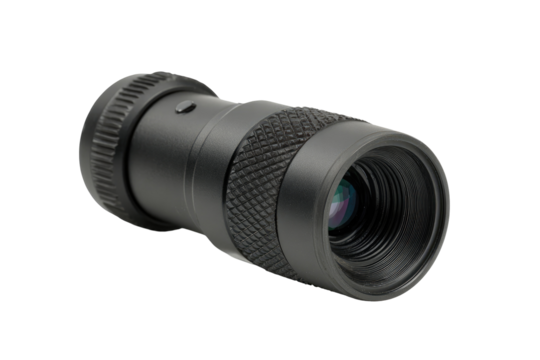 Compact thermal imaging lens, studio shot, black background, security use