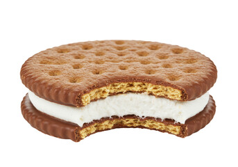 Isolated cookie with white cream filling and a bite taken out in studio lighting