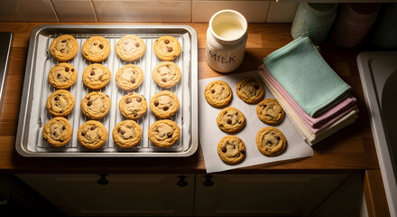 Freshly baked chocolate chip cookies on a tray, beside a milk jug and towels