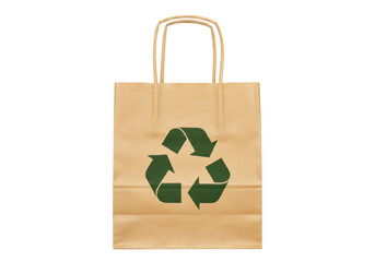 Isolated paper shopping bag with recycling logo, kraft brown color for eco-friendly shopping