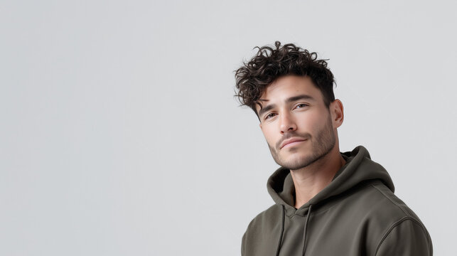 Portrait of a confident young man with curly dark hair and light stubble wearing a dark green hoodie, posing against a clean light gray background in soft studio lighting
