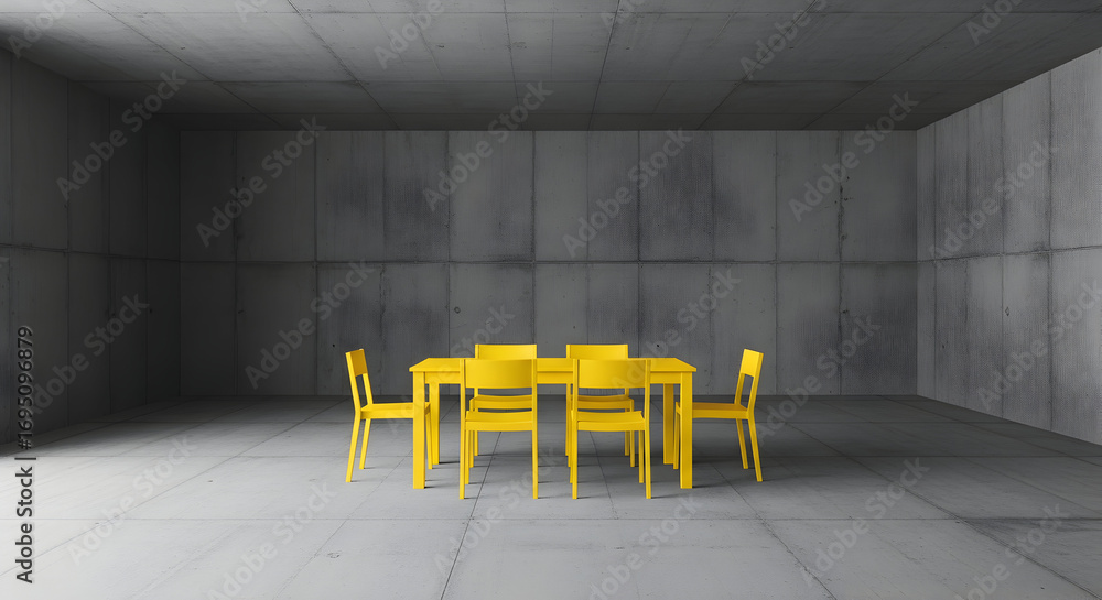 Aufkleber geometric composition: a yellow table set within a concrete architectural setting