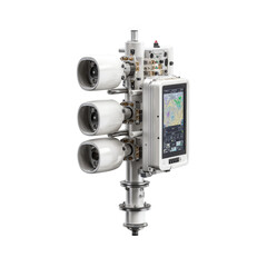 A white and gray marine navigation system.  Four cylindrical  units surround a central  control box,  which houses a  touchscreen display