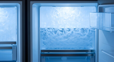 Frosty Refrigerator Interior Displaying Sparkling Frozen Crystals and Ice Surfaces