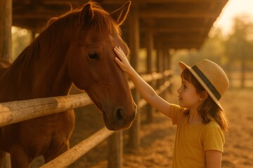 Little girl gently stroking a horse's head in a stable, creating a heartwarming scene of connection between child and animal