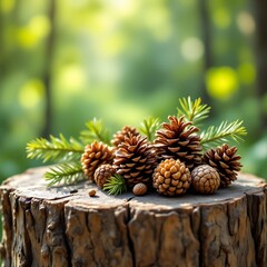 Fototapeta premium Natural Forest Collection of Pine Cones on Rustic Tree Stump
