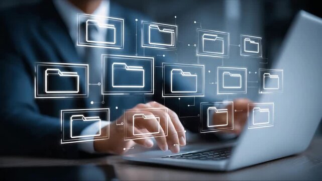 Business professional managing digital files and folders on a laptop in a modern office environment during daytime