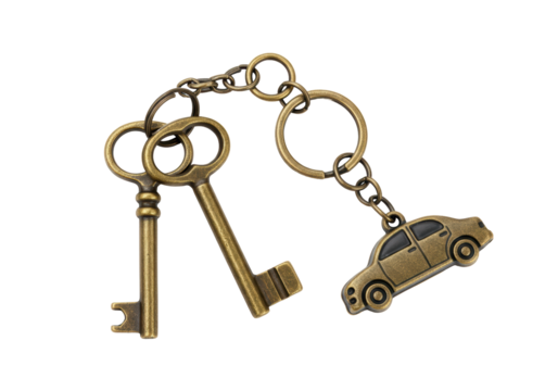 Isolated decorative keychain with two antique keys and a car trinket, metal trinket accessory