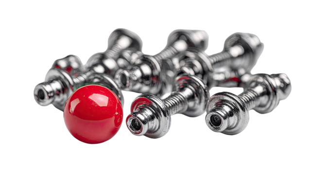 Close-up of chrome-plated machine parts, with a bright red ball