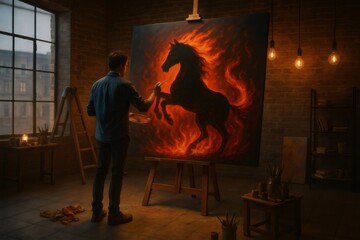 Fototapeta premium Talented artist painting a powerful horse silhouette engulfed in flames, showcasing artistic skill and passion within a cozy art studio