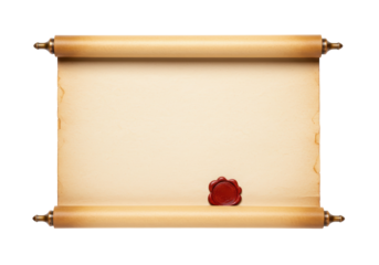 Isolated antique paper scroll, ancient parchment with a sealing wax stamp or signet ring