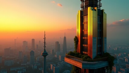 Obraz premium Art deco tower over abandoned city at sunset