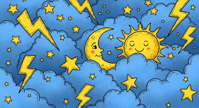 Playful Night-and-Day Cartoon Clouds Pattern — Smiling Sun and Moon Among Blue Puffy Clouds with Yellow Lightning Bolts and Scattered Stars (Children’s Illustration)