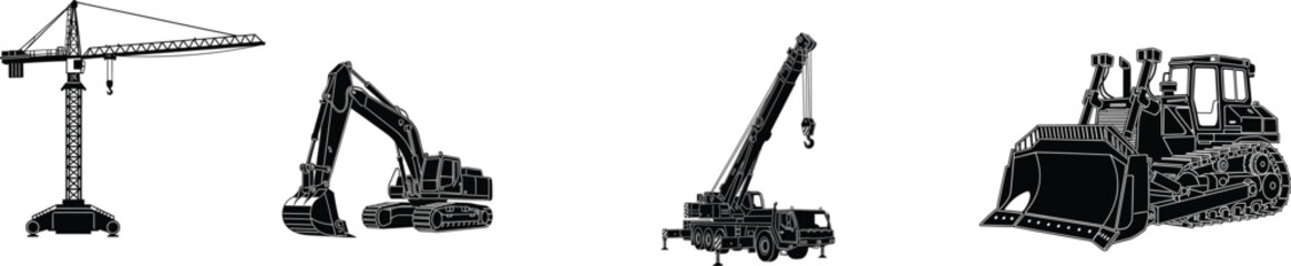 Detailed black silhouette vector illustration of heavy construction machinery including tower crane, excavator, mobile crane, and bulldozer for industrial use. © Ashik Creatives