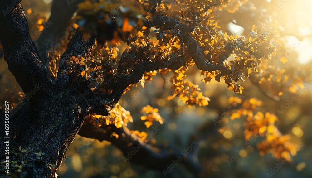 Poster the image shows a close-up view of a tree's branch with dark, textured bark and leaves that have tur