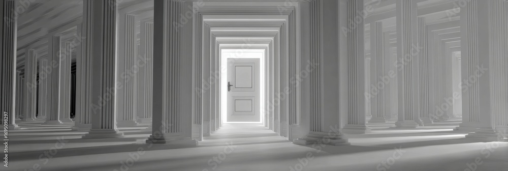 Poster abstract architectural space with white columns and an illuminated door at the far end