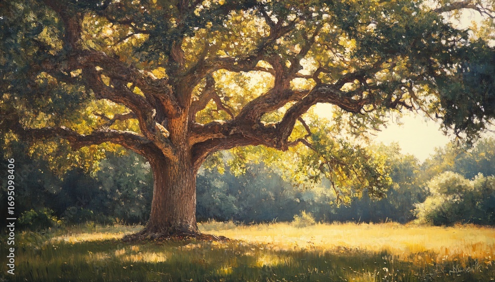 Poster sunlight filters through the leaves of a large oak tree, illuminating a field of tall grass, and cas
