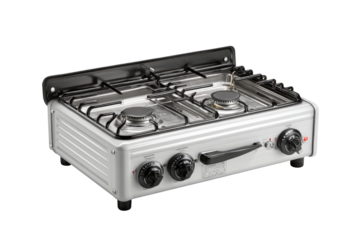 Portable, three-burner gas stove.  Compact, light gray/white, with black accents.  Features three control knobs and gas burner grates