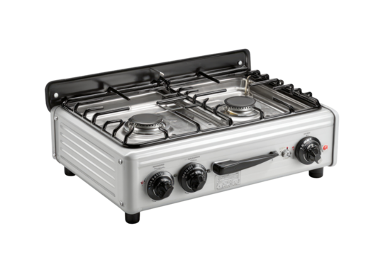 Portable, three-burner gas stove.  Compact, light gray/white, with black accents.  Features three control knobs and gas burner grates