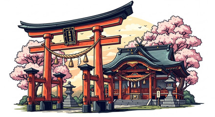 Illustration of a traditional japanese shrine with a torii gate and cherry blossoms