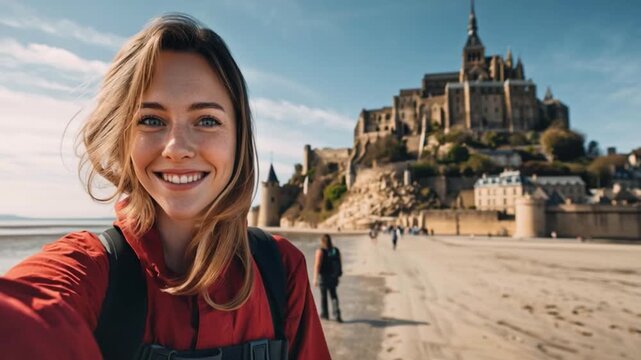 Happy young woman filming herself at Mont Saint-Michel abbey in France