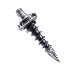 High-angle view of a metal corkscrew.  Dark, sleek, and precise.  Features a threaded top and a pointed tip