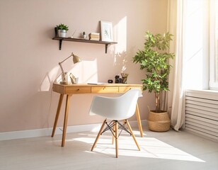 Bright sunlit home office workspace with wooden desk and white chair. 