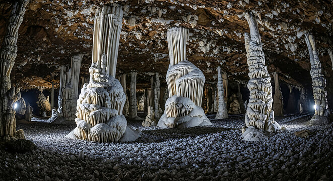 Interior view of a cave with stalactites and stalagmites formations and a rocky ground surface area ai generated