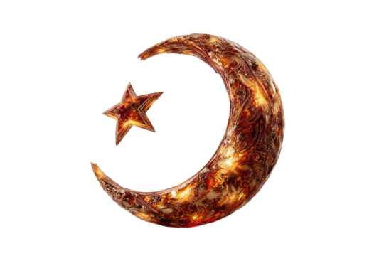 Illuminated crescent moon and star, warm amber tones