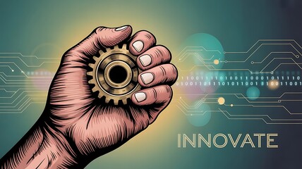 A hand holding a golden gear with digital lines and the word innovate on a gradient background