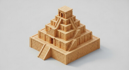 Isometric 3d render of a ziggurat, a stepped pyramid structure, showcasing its architectural design