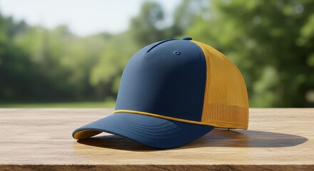 Baseball cap illustration on wood surface against blurred green background