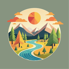 Fototapeta premium Icône ronde minimaliste avec rivière et soleil couchant