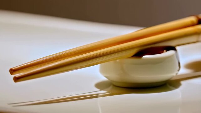 Elegant Asian cuisine presentation featuring wooden chopsticks resting on a ceramic holder filled with dark soy sauce, against a clean background.