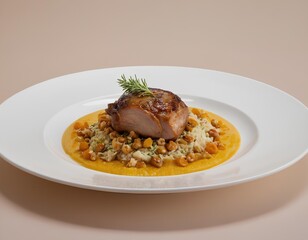 Whimsical Rabbit-Inspired Gourmet Plating with Edible Flowers and Hazelnut Garnish