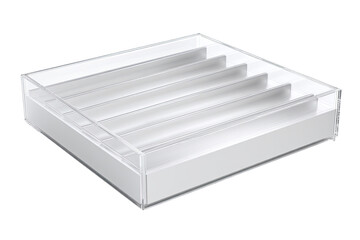 Clear acrylic storage box with dividers, isolated on white background, for organization