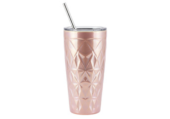 Isolated faceted drink cup with metallic straw. Contemporary reusable insulated drinkware