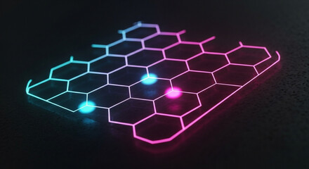 Abstract geometric hexagon pattern with glowing neon light effect on dark background, futuristic technology concept