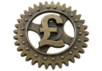 Isolated antique brass gear with pound currency symbol inside, industrial style object