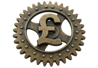 Isolated antique brass gear with pound currency symbol inside, industrial style object