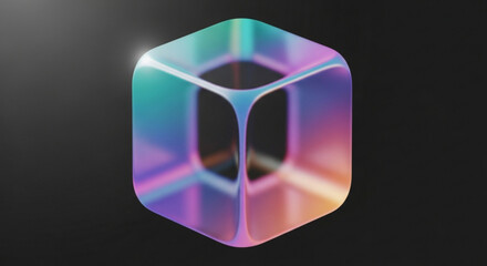 Holographic cube with rounded edges floating in a dark space, creating a futuristic and modern aesthetic design element