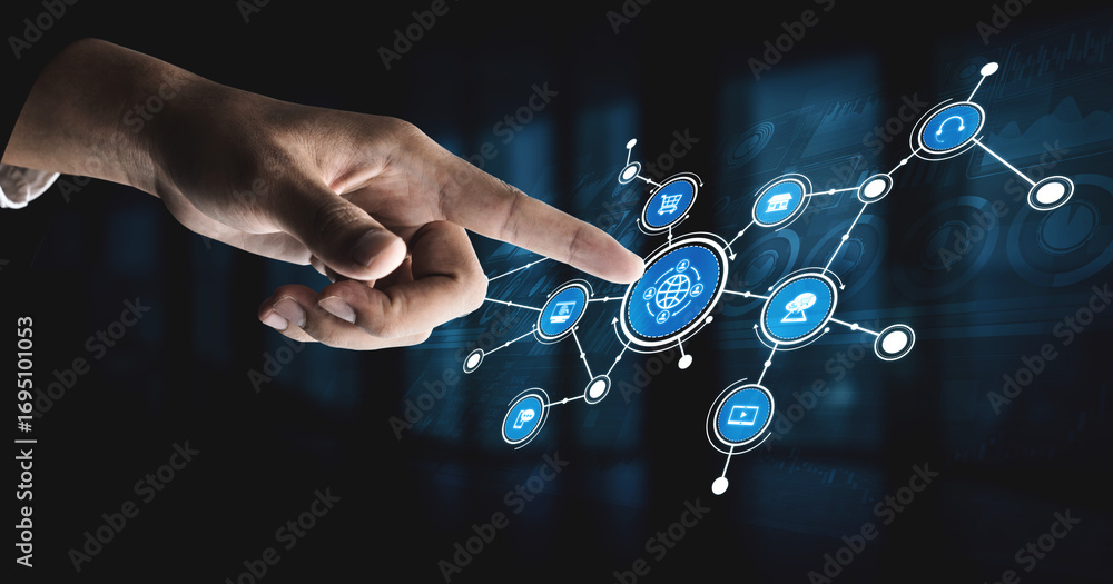 Poster a close-up of a hand pointing towards digital connectivity icons that represent global technology co