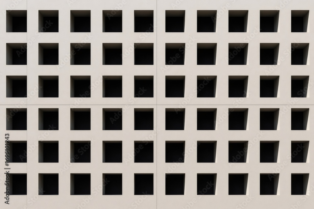 Poster modern architectural detail showing a repetitive pattern of square holes on a building facade, creat